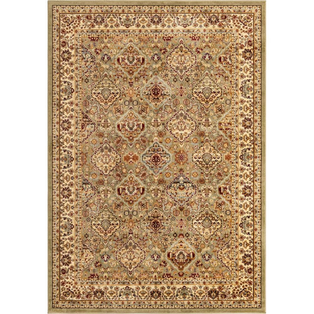 Elegant Damask Light Green Synthetic Area Rug 7' x 10'