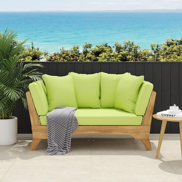 Unbranded 1-Piece Wood Outdoor Day Bed with Green Water-Resistant Cushions, Expandable