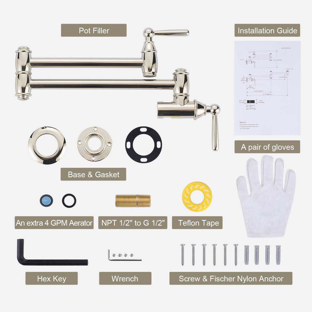 Polished Nickel Double Handle Wall Mount Pot Filler Faucet