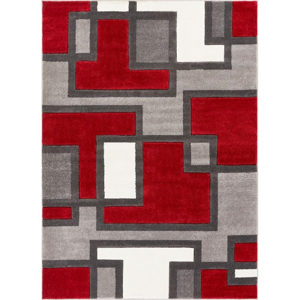 Ruby Imagination Squares Red 5 ft. x 7 ft. Modern Geometric Area Rug