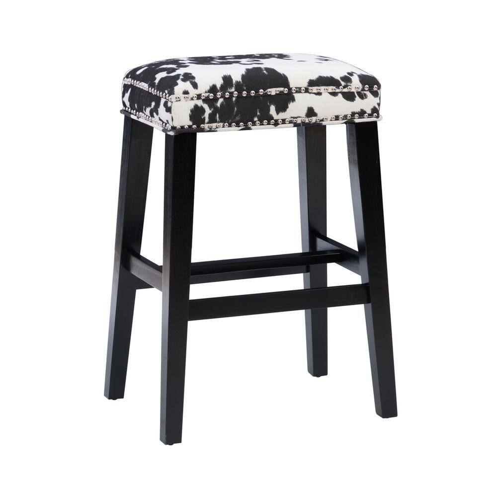 Benjamin 30 in. Black Backless Wood Bar Stool with Cow Printed Polyester Se