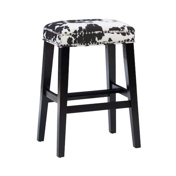 Linon Home Decor Benjamin 30 in. Black Backless Wood Bar Stool with Cow Printed Polyester Seat