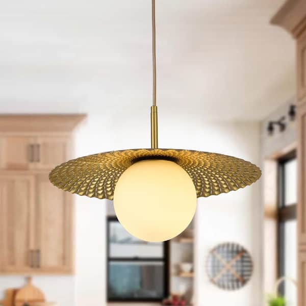 1-Light Golden Diffuser Pendant Light with Metal Pleated Gold Shade and White Glass Shade