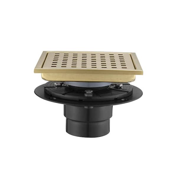 6 in. Square Stainless Steel Grid Shower Floor Drain with Flange in Brushed Gold