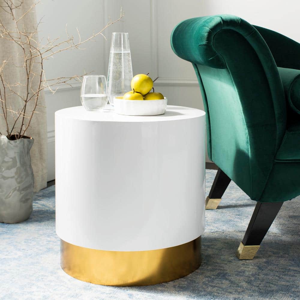 18" Transitional Angelo Round Side Table in White & Gold