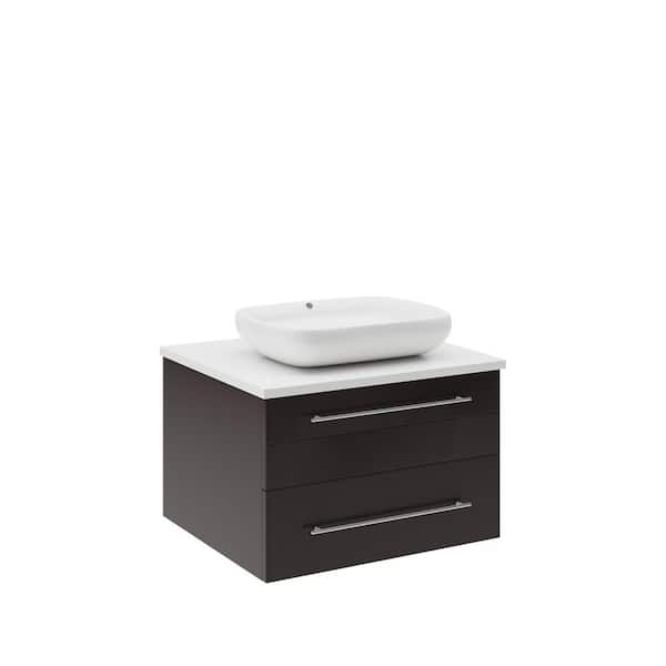 Fresca Lucera 24 in. Single Sink Wall Mount Floating Espresso Bath Vanity with White Quartz Top and Vessel Ceramic Sink