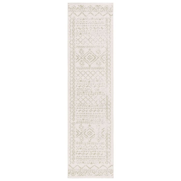 Tulum 2 ft. x 8 ft. Ivory/Sage Border Tribal Distressed Runner Rug