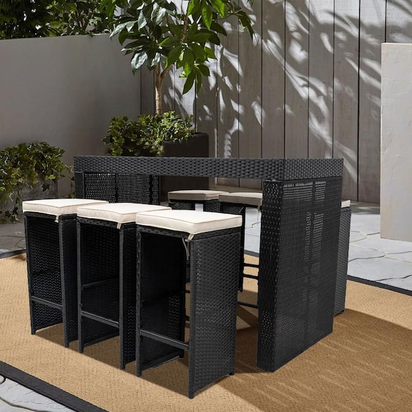 Tunearary 7-Piece Wicker Glass Top Outdoor Dining Set with 6 Stools and Removable White Cushions