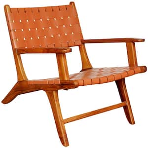 Leda Mid-Century Modern Style Teak Wood Brown Tan Strap Leather Accent Arm Chair