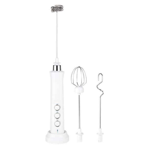 3 in 1 Handheld Milk Frother Foam Maker with Stand and 3 Stainless Steel Whisks White