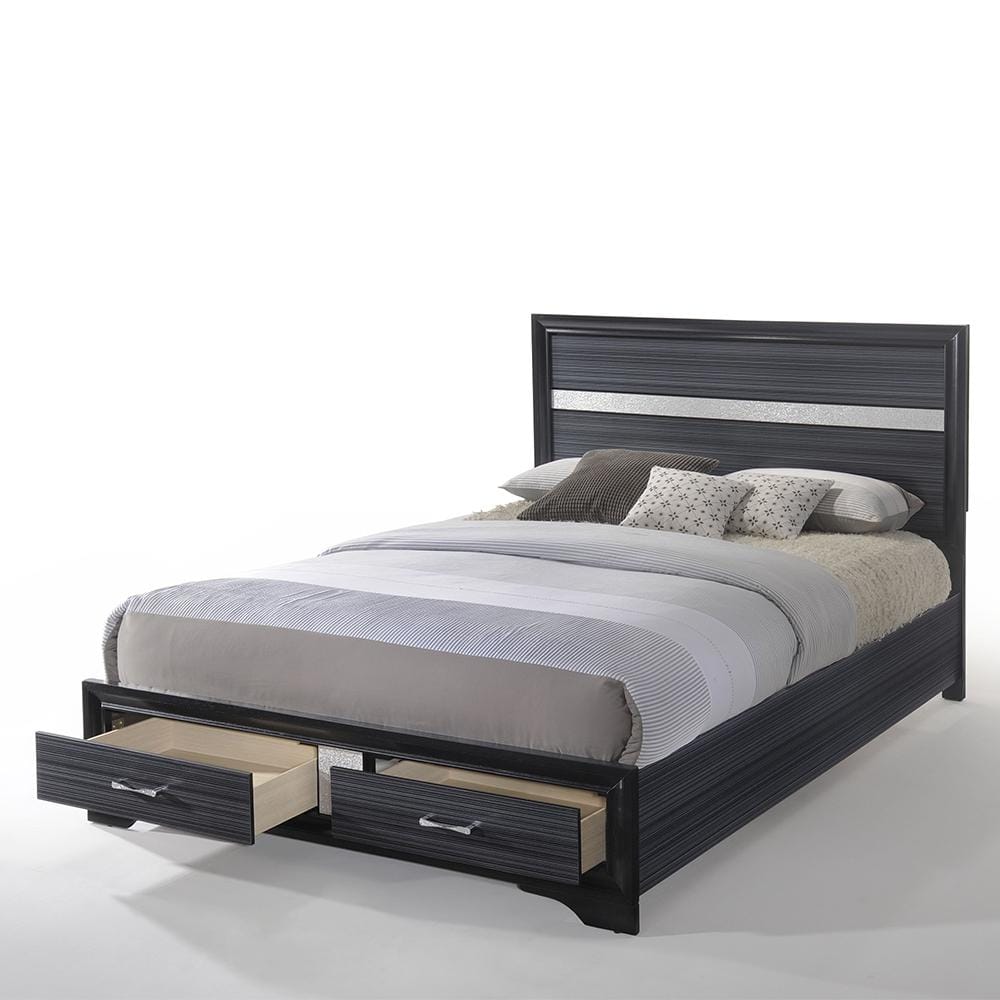 Black Queen Upholstered Bed with Storage Drawers and Slats