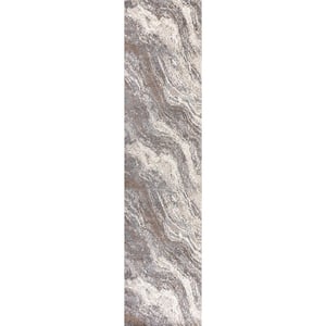 Kassia Brown/Gray 2 ft. x 8 ft. Contemporary Glam Abstract Marble Runner Rug