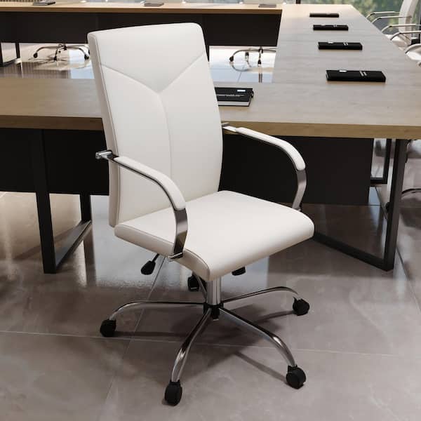 Leisuremod Sonora White Modern High Back Adjustable Height Leather Conference Office Chair with Tilt and 360° Swivel