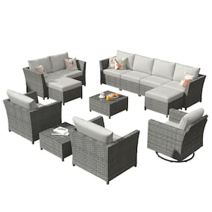 Denali Gray 13-Piece Wicker Patio Conversation Sectional Sofa Set with Beige Cushions and Swivel Rocking Chair