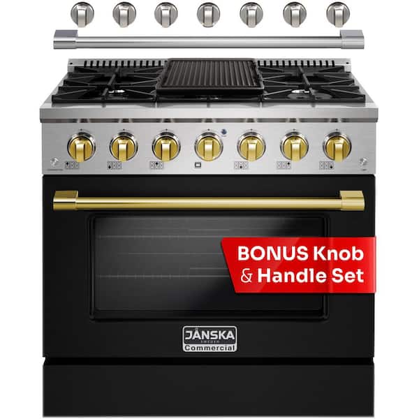 JANSKA 36 in. 5.2 cu. ft. Gas Range with 6-Burners, Convection Oven, Griddle, and 2-Sets of Knobs and Handle in Matte Black