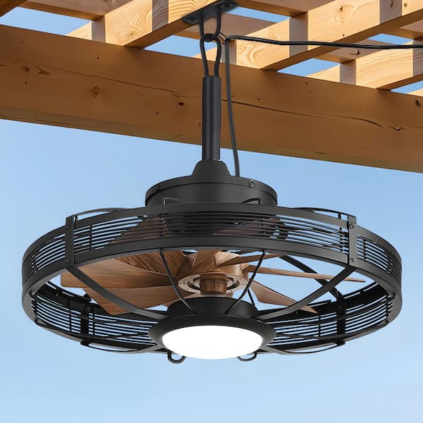 20 in. Outdoor Brown Caged Clip Mount Plug-in 3-Color Bright LED DC Motor Ceiling Fans with Lights, Remote Control, APP