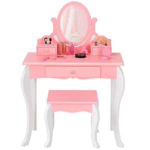 Kids Vanity Princess Makeup Dressing Table Stool Set W/Mirror Drawer Pink