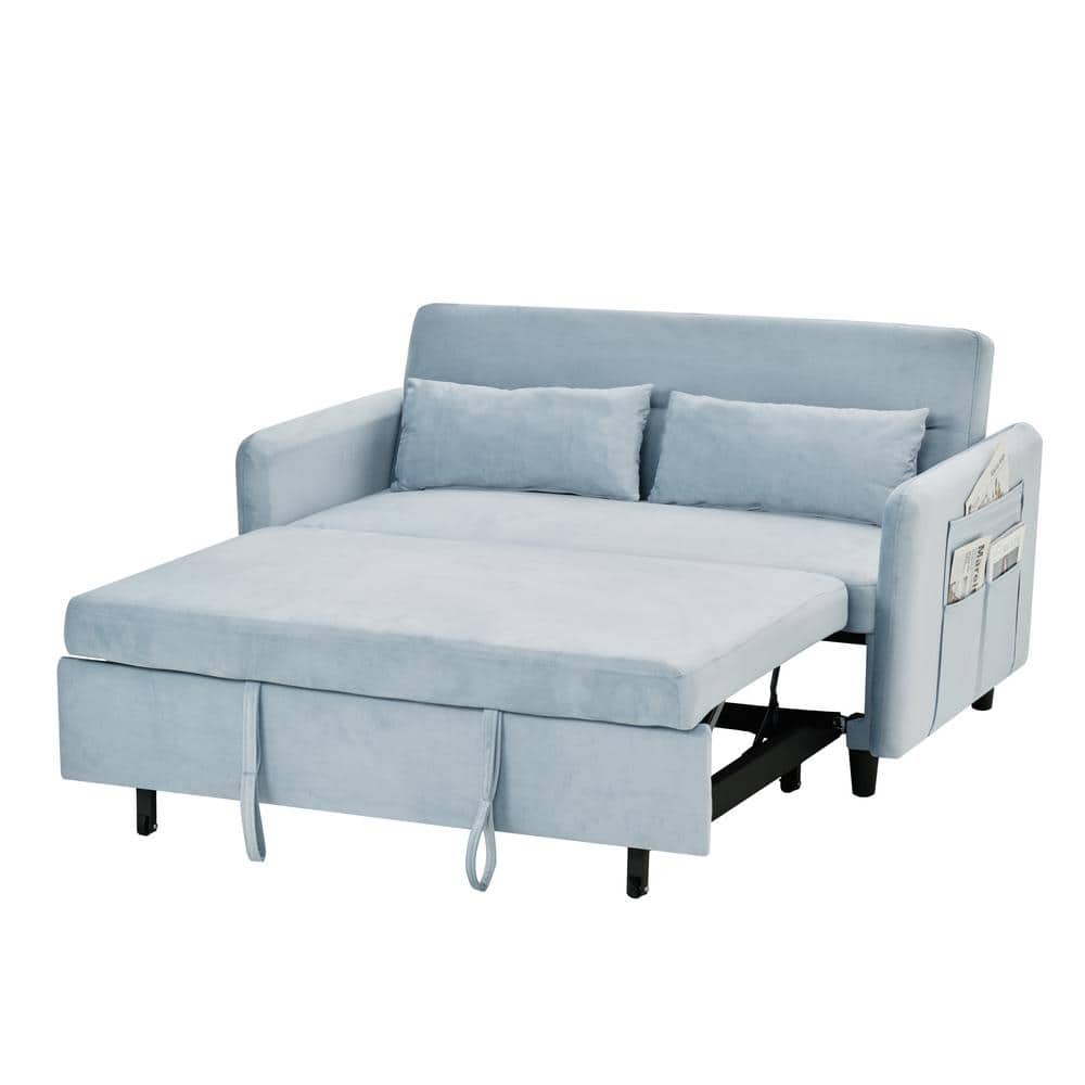 Zjoyee 54 in. Light Blue Velvet Twin Size Sofa Bed with 2 Pillows