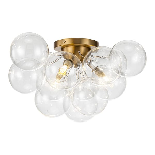 HUOKU Orbis 18" W 3-Light Brushed Gold Semi-Flush Mount Dimmable Cluster Ceiling Light with Clear Glass Shade for LivingRoom