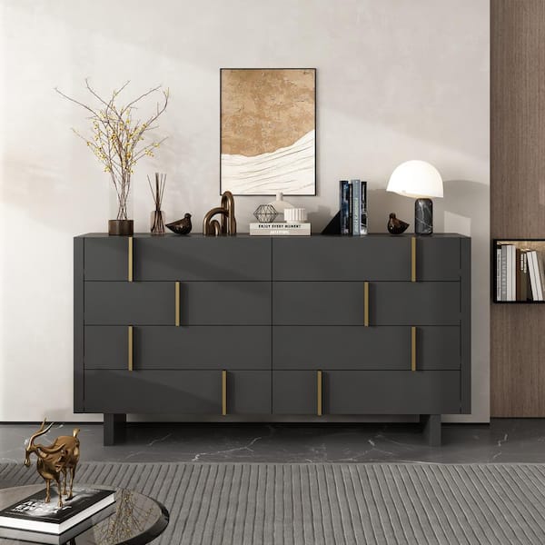 FUFU&GAGA 8-Drawer Black Wood Dresser with Golden Handle Modern Style 37.3 in. H x 70.9 in. W x 15.6 in. D