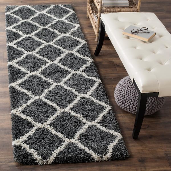 Hudson Shag 2 ft. x 12 ft. Dark Gray/Ivory Geometric Diamond Trellis Runner Rug
