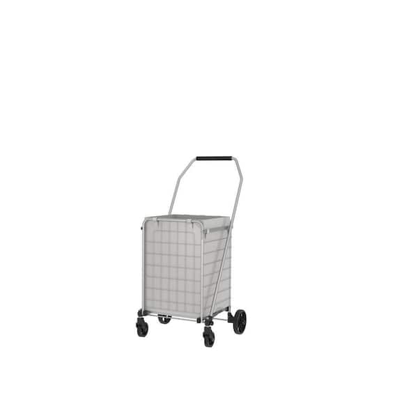 Gray Foldable Utility Shopping Serving Cart with 360° Rolling Swivel Wheels and Double Basket