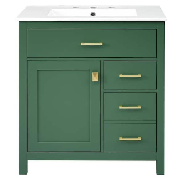 30 in. W x 18.3 in. D x 33.6 in. H Green Bathroom Vanity with Single Sink and White Ceramic Top, for Small Bathrooms