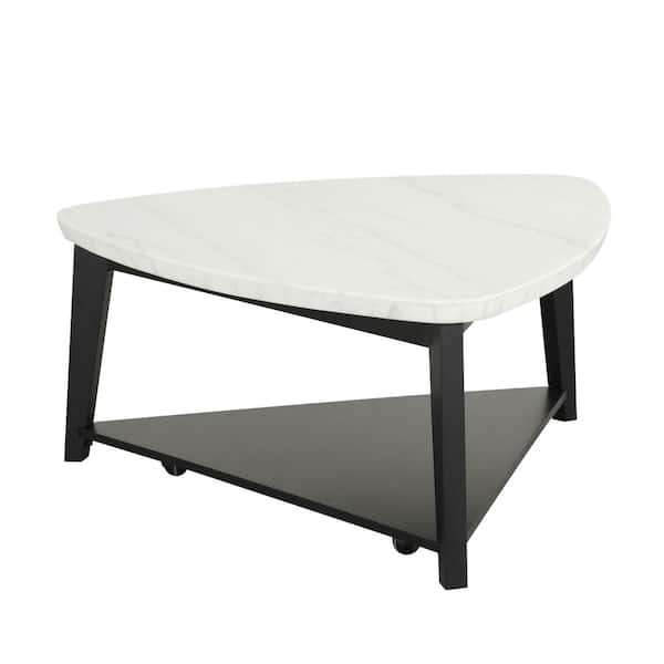 Dames 40 in. White/Black Mobile Triangle Marble Top Coffee Table