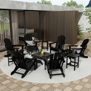 Addison Black 12-Piece HDPE Plastic Folding Adirondack Chair Patio Conversation Seating Set with Ottoman and Table