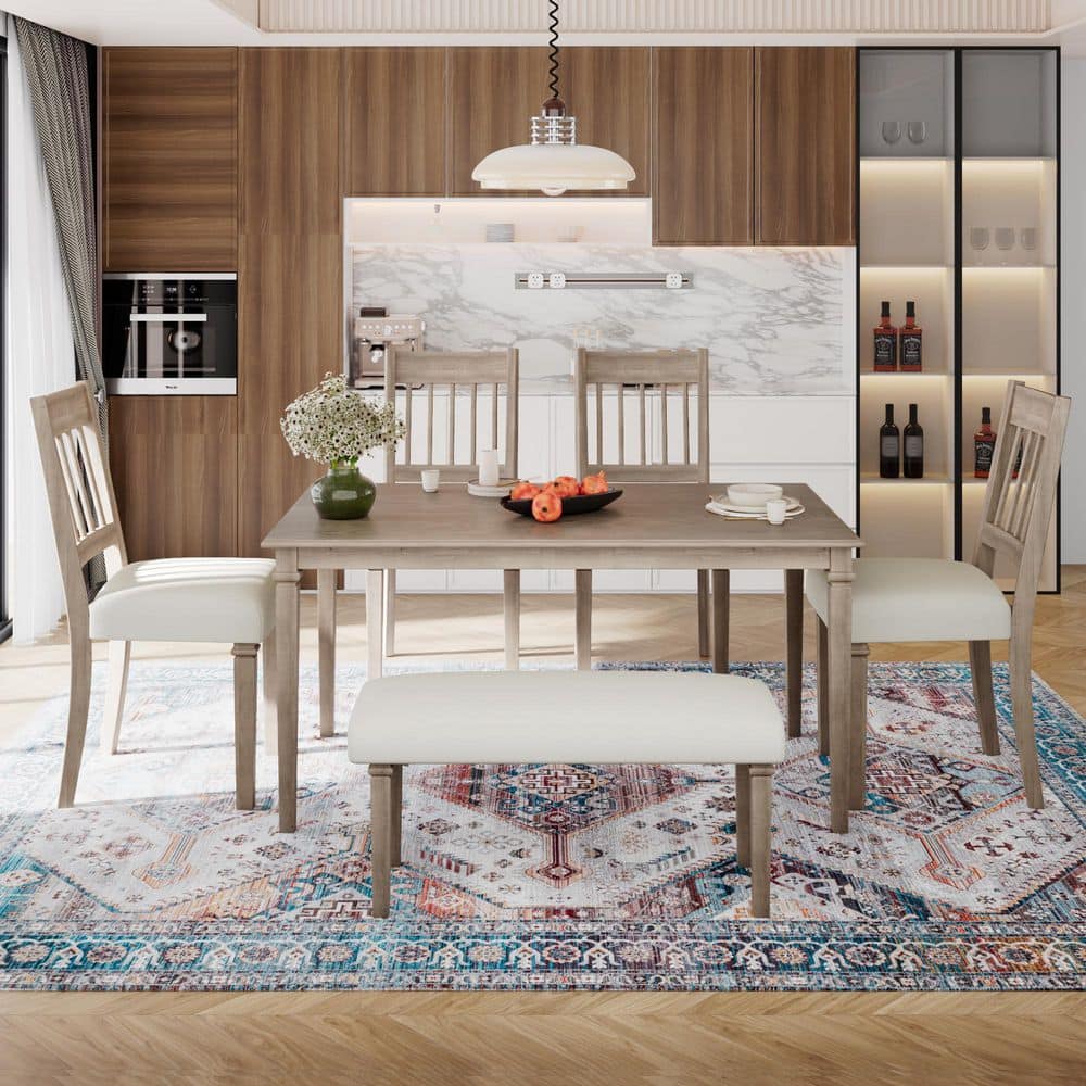 Classic Country 6 Piece Dining Room Set, Rectangular Brown Oak Table with 4 Chairs and Bench