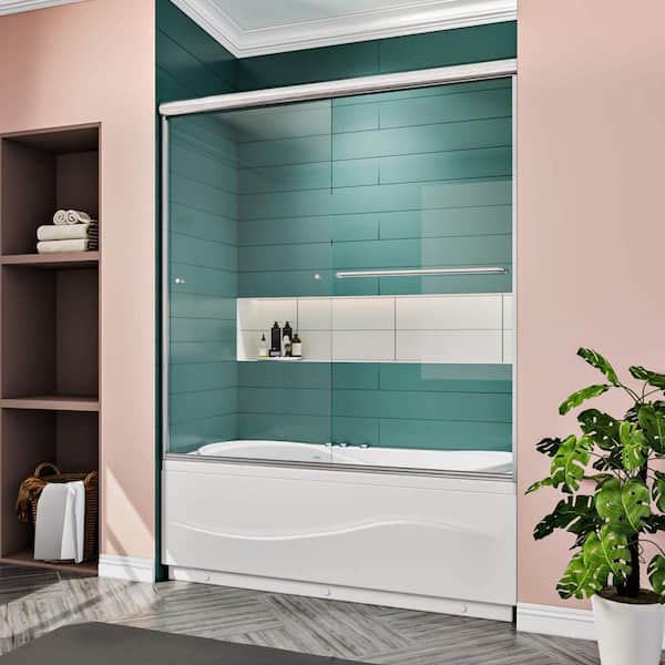Unbranded 60 in. W x 62 in. H Double Sliding Semi-Frameless Tub Doors in Brushed Nickel Finish Clear Glass