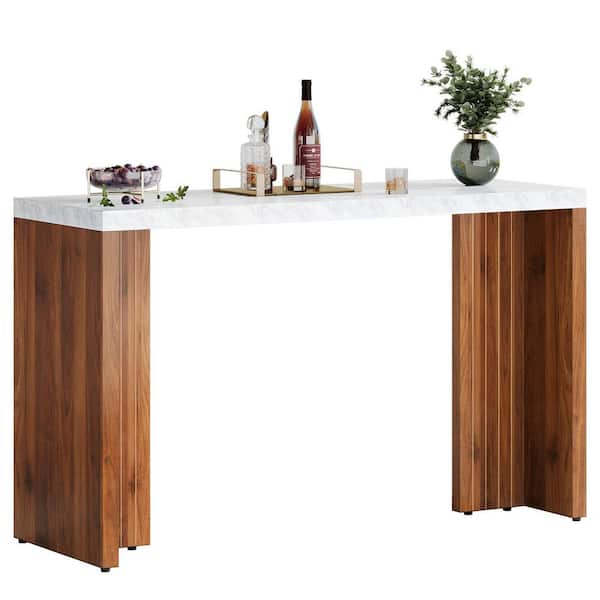 Kearsten Rectangle White Walnut Brown 55 in. Bar Home Table Bar Unit Liquor Bistro Farmhouse Faux Marble Finished