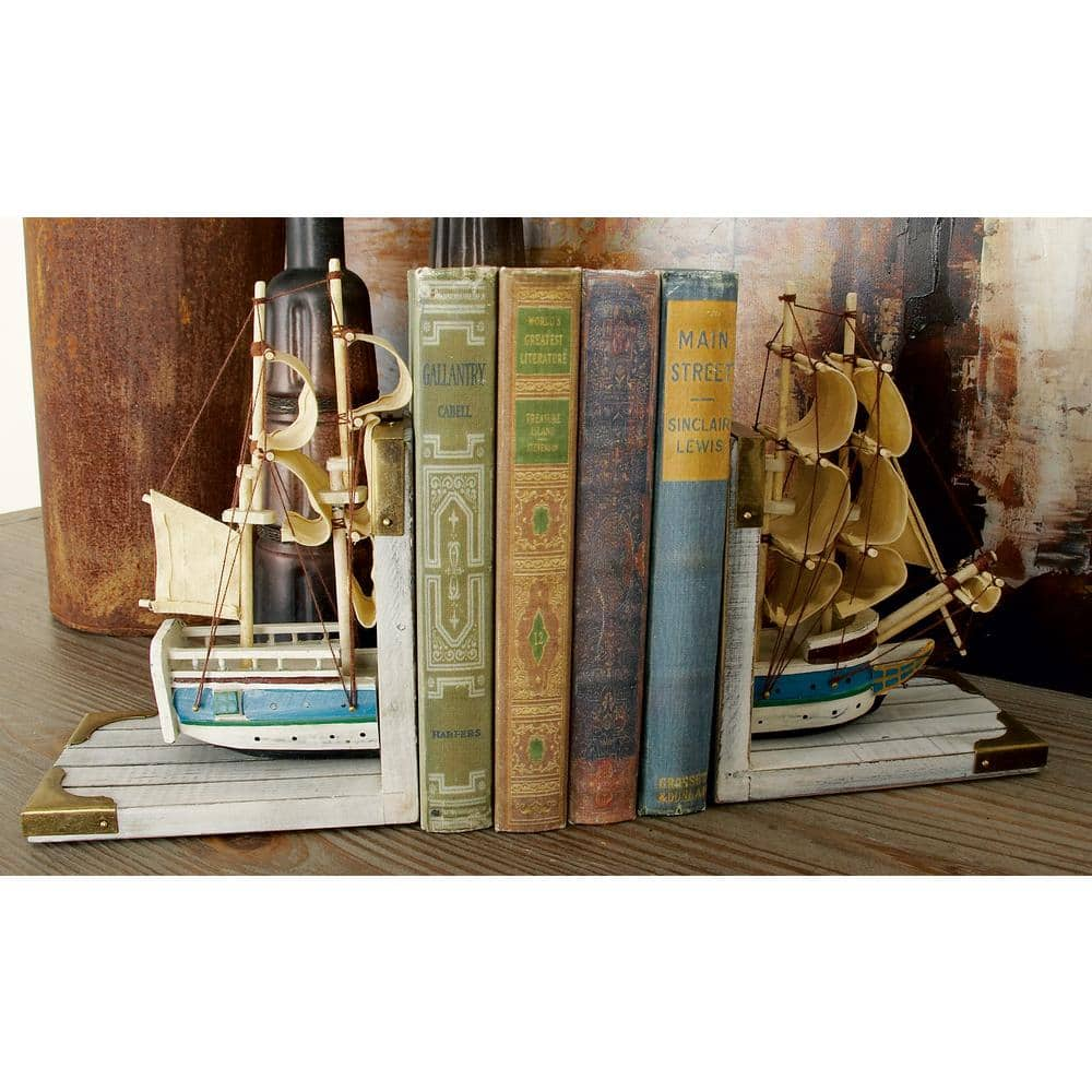 Litton Lane White Wood Sail Boat Bookends with Real Boat Rigging (Set of 2)