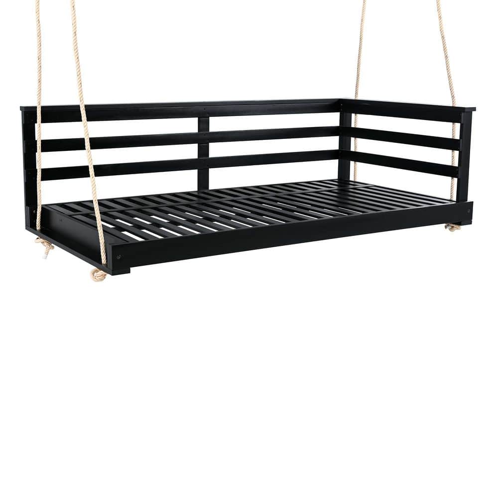 2-Person Black Wood Porch Swing with 4-Piece 96 in. Hemp Ropes for Backyard