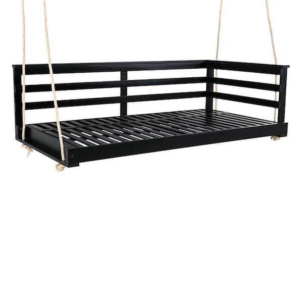 Unbranded 2-Person Black Wood Porch Swing with 4-Piece 96 in. Hemp Ropes for Backyard