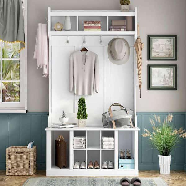 Polibi 3-in-1 Design Hall Tree with 6 Hooks, Coat Hanger, Entryway Bench, Storage Bench, for Entrance, Hallway, White