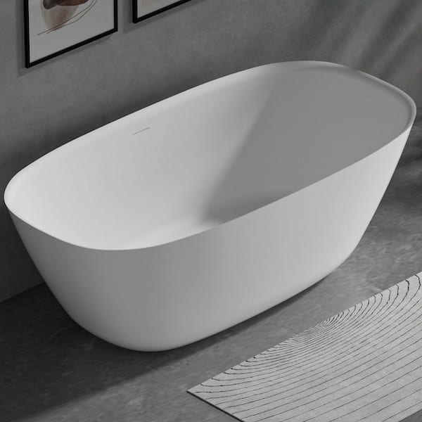 55 in. x 31.64 in. Stone Resin Solid Surface Freestanding Flatbottom Soaking Bathtub in Matte White