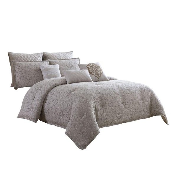 Benjara 9-Piece Gray Floral Cotton Queen Comforter Set