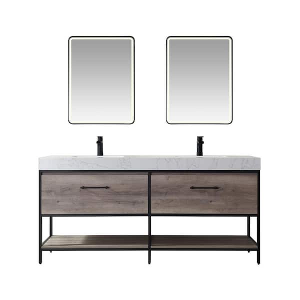 ROSWELL Palma 72 in. W x 22 in. D x 33.8 in. H Double Sink Bath Vanity in Oak with White Grain Stone Countertop and Mirror