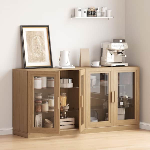 Unbranded Set of 2 Natrual 31 in. H Bathroom Storage Cabinet with Crystal Clear Glass Doors Shoe Storage Cabinet