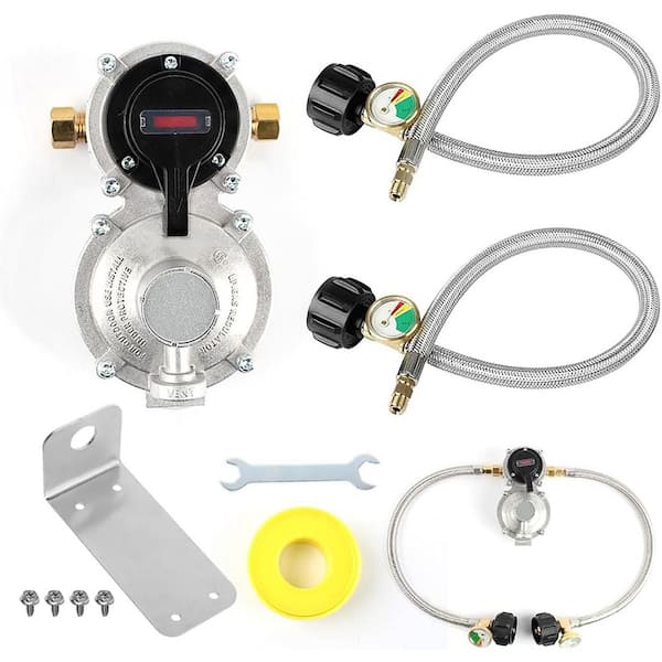 Dual Tank 2-Stage Auto Changeover LP Propane Regulator with Gauge and 2x18 Pigtail Hoses for RVs and Campers Silver