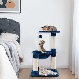 Blue Wood Multi-level Cat Tree with Scratching Posts and Cat Hammock