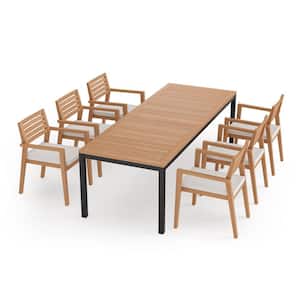Rhodes 7 Piece Teak Outdoor Patio Dining Set in Canvas Natural Cushions with 96 in. Table