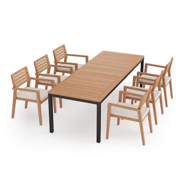 NewAge Products Rhodes 7 Piece Teak Outdoor Patio Dining Set in Canvas Natural Cushions with 96 in. Table
