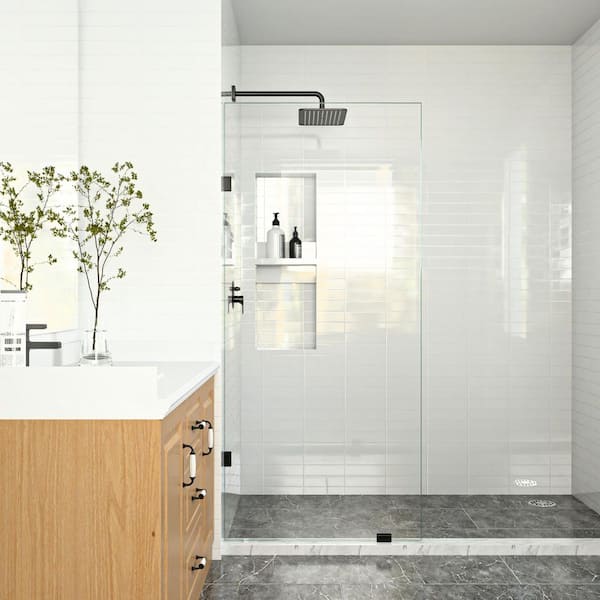 SHAAMA Linea 36 in. W x 78 in. H Frameless Fixed Single Panel Shower Screen Door in Matte Black with 3/8 in. (10mm) Clear Glass