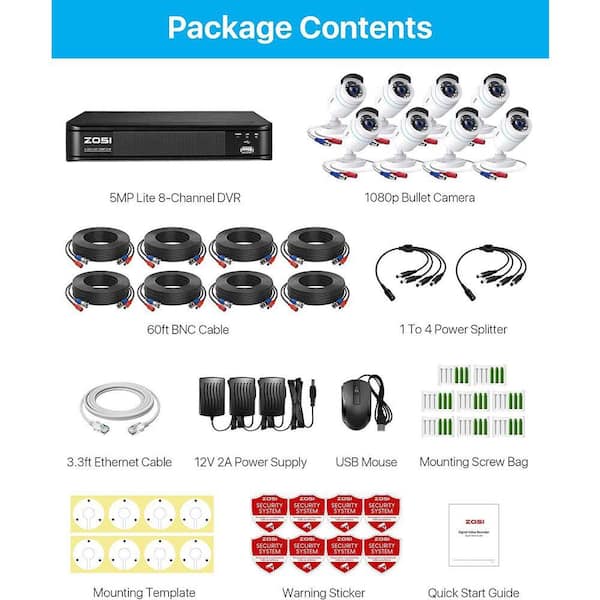 ZOSI H. 265+ 8 Channel DVR Home Security System with 8-Wired 1080p