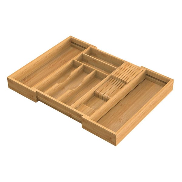 7-Knife In-Drawer Bamboo Expandable Utensil Organizer with Removable Knife Block and Adjustable Cutlery Dividers