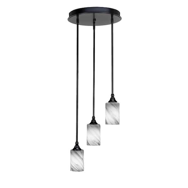 Unbranded Villa 60-Watt in. 3 Light Matte Black Stem Pendant Light with 4 in. Onyx Swirl Glass Shade, No bulbs included