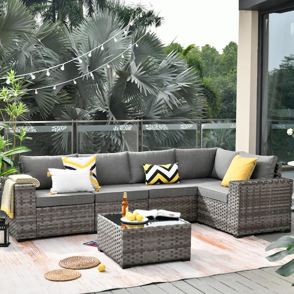 OVIOS Marvel Gray 6 Piece Wicker Wide Arm Patio Conversation Set