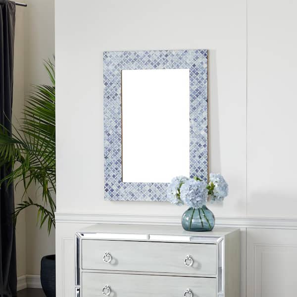 Litton Lane 36 in. x 26 in. Quatrefoil Rectangle Framed Blue Wall Mirror with Bone Inlay